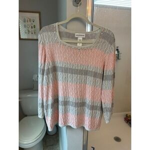 Alfred Dunner Embellished Stripe Lightweight Knit Sweater Pink Gray Long Sleeve